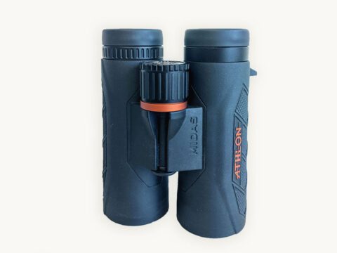 Dark gray binoculars with orange details.