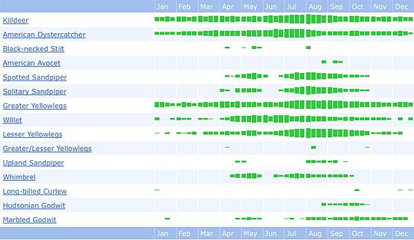 bar charts showing bird occurrence patterns