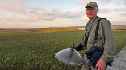 Kroodsma says he loves the new light-weight digital technology which allows him to record for hours at a time. Photo by Janet Grenzke.