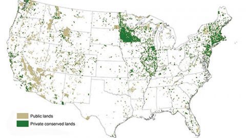 This map of the Lower-48 states shows public and private conserved lands in the Protected Areas Database of the United States. There are additional conservation areas within the United States in Alaska, Hawaii, Puerto Rico, Virgin Islands, and U.S.