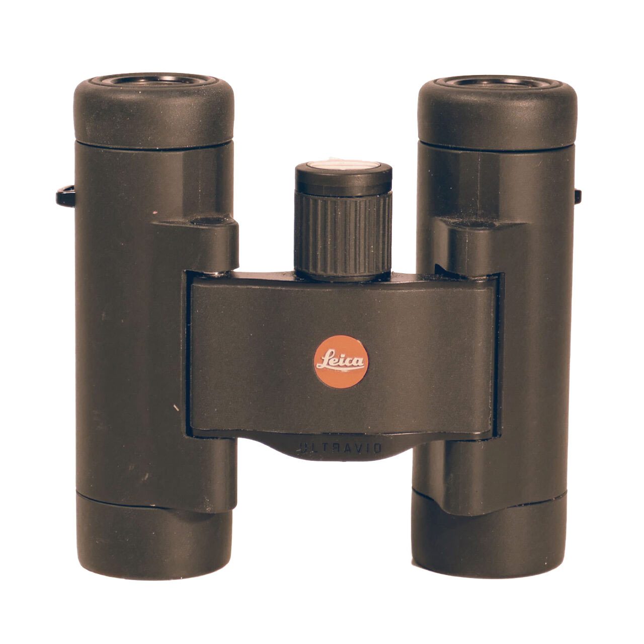 Black binoculars with a red and white logo that says Leica.