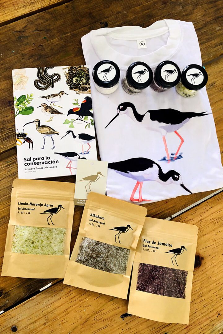 Salt merchandise--salt, book, t-shirt--with a Black-necked Stilt drawing on each item.