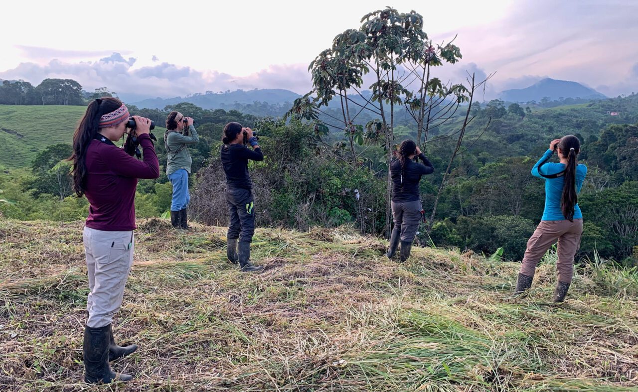 Five woman on a ridge looking out over the mountains with binoculars.